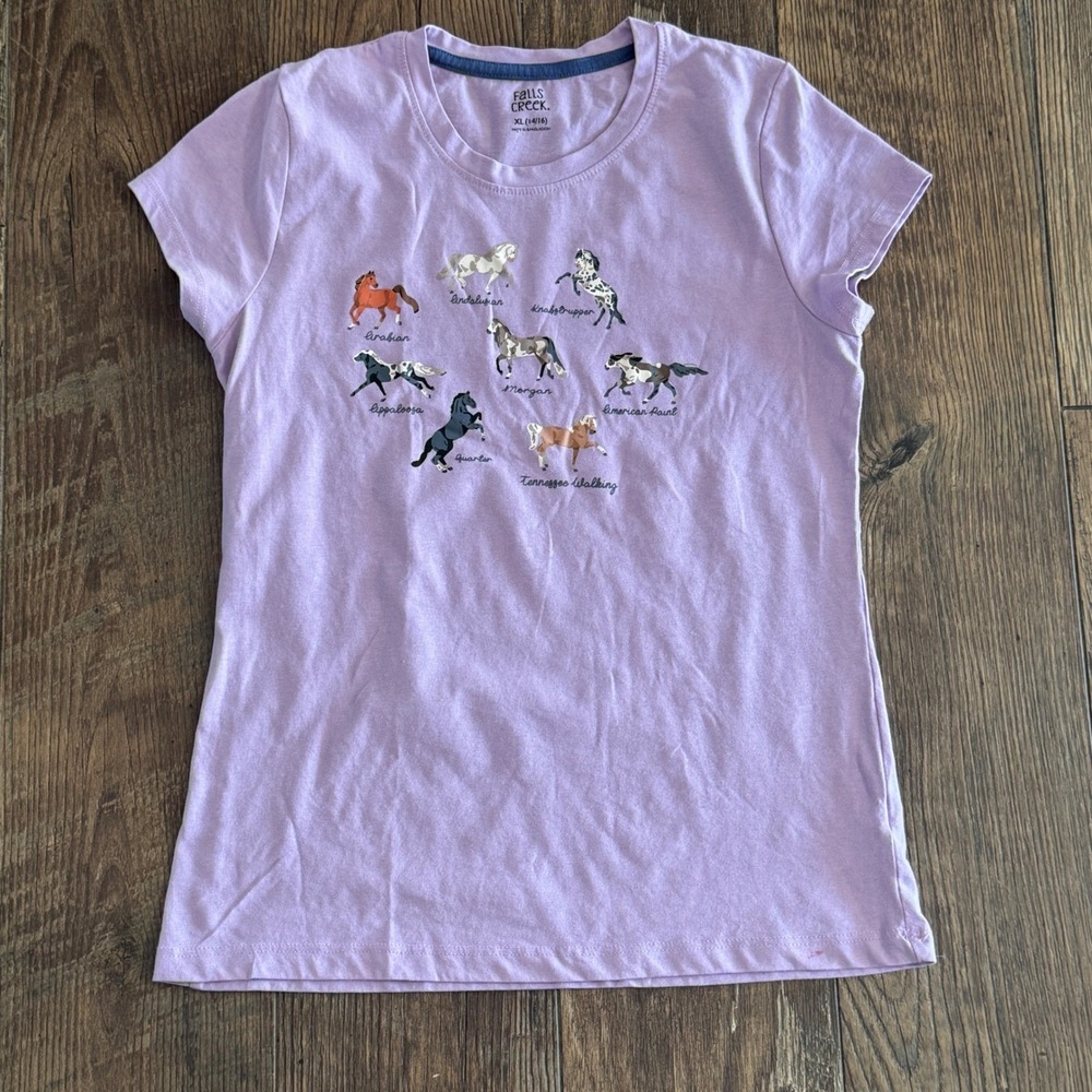 Falls Creek Girls XL 14/16 Purple Horse Breeds Graphic Short Sleeve T-Shirt